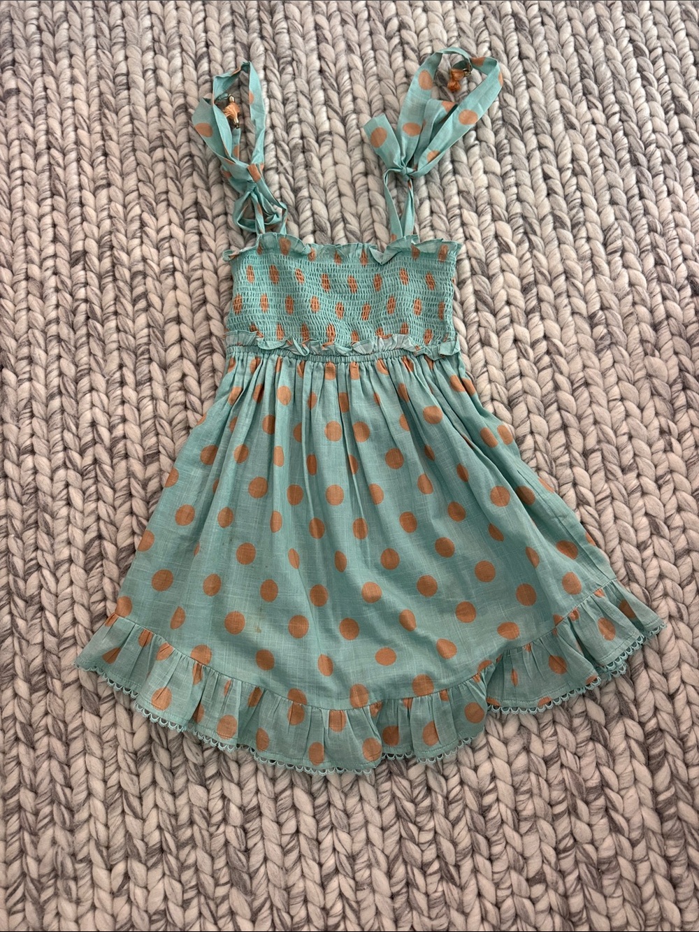 Zimmermann Mint Green Dress with Gold Polka Dots and Ruffle Hem